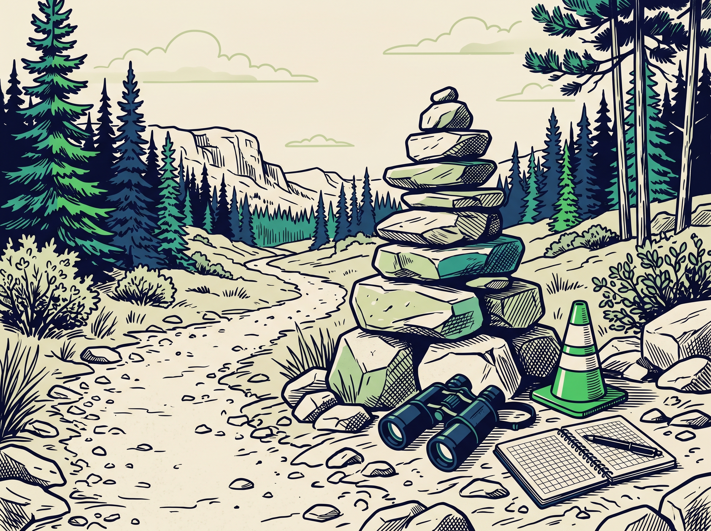 A cairn of balanced stones in a Canadian wilderness landscape with binoculars, a traffic cone, and a notebook at its base.