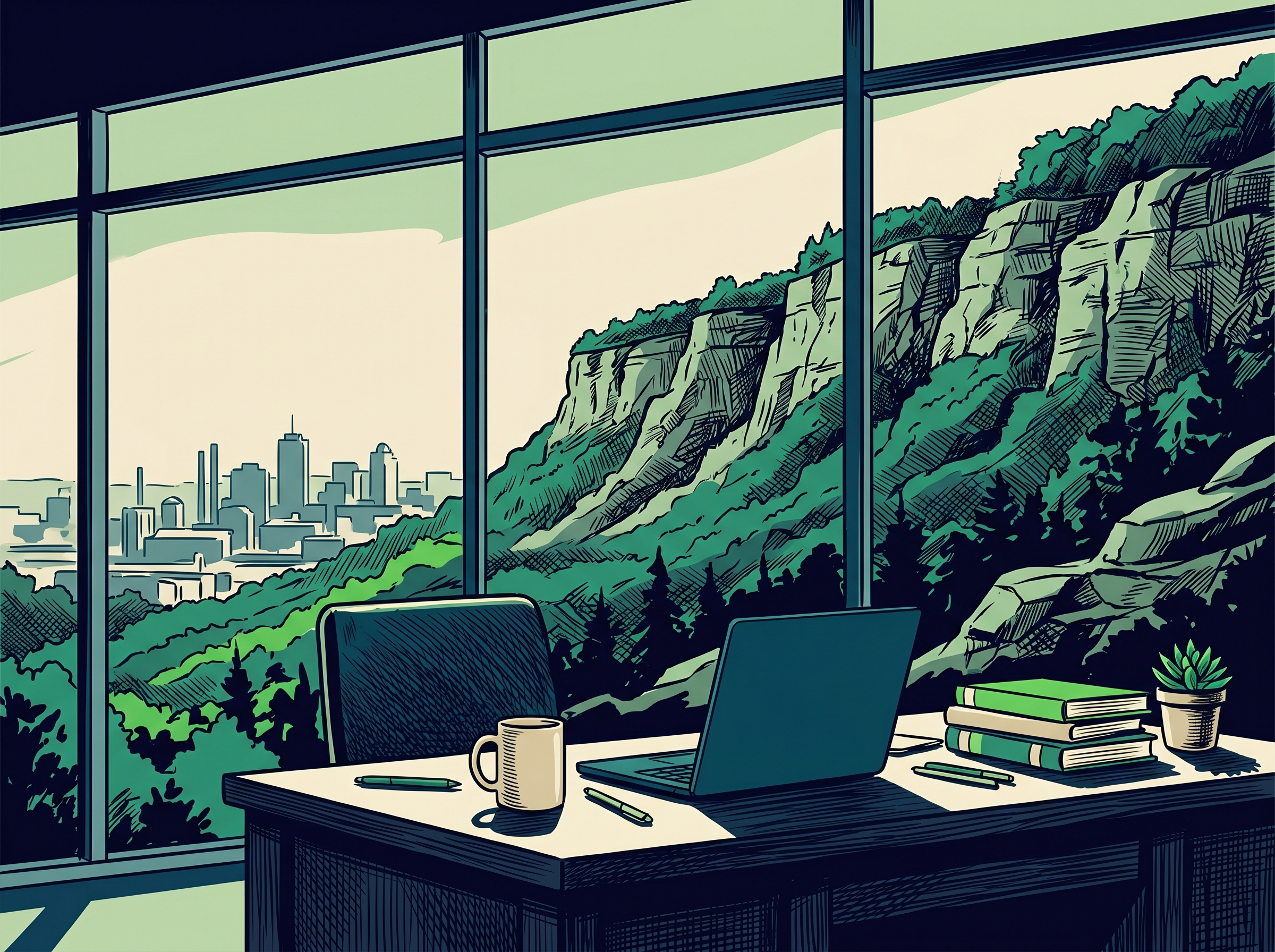 A studio workspace with a laptop and books looking out over Hamilton's Niagara Escarpment and city skyline.